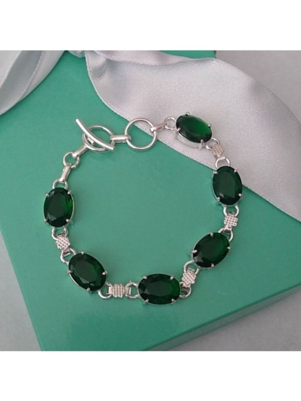 Green Tourmaline + Sterling Silver Chain Toggle Bracelet, up to 8"